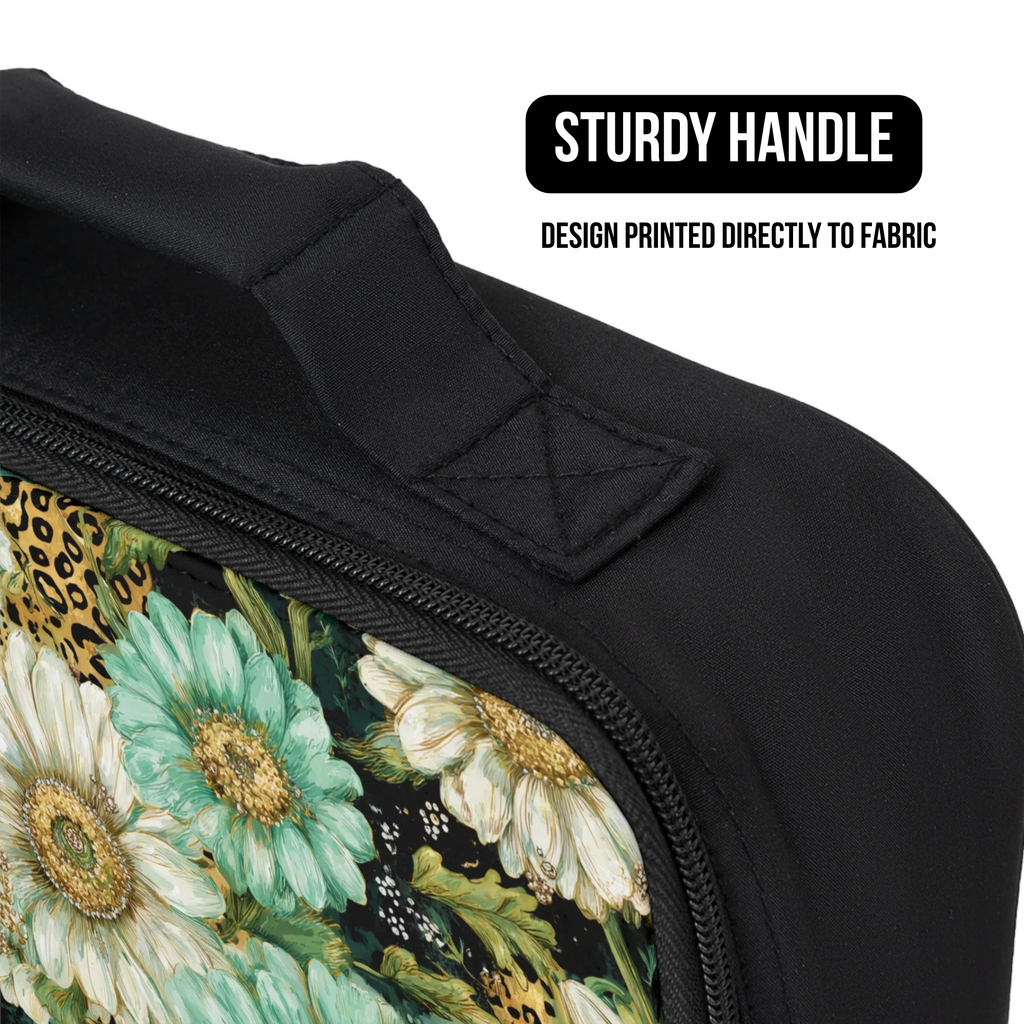 Black bag with floral design and sturdy handle on a white background