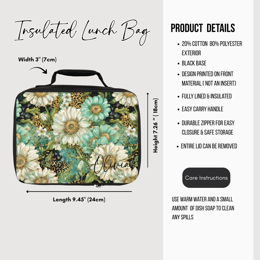 Insulated lunch bag with floral design and product details on a white background