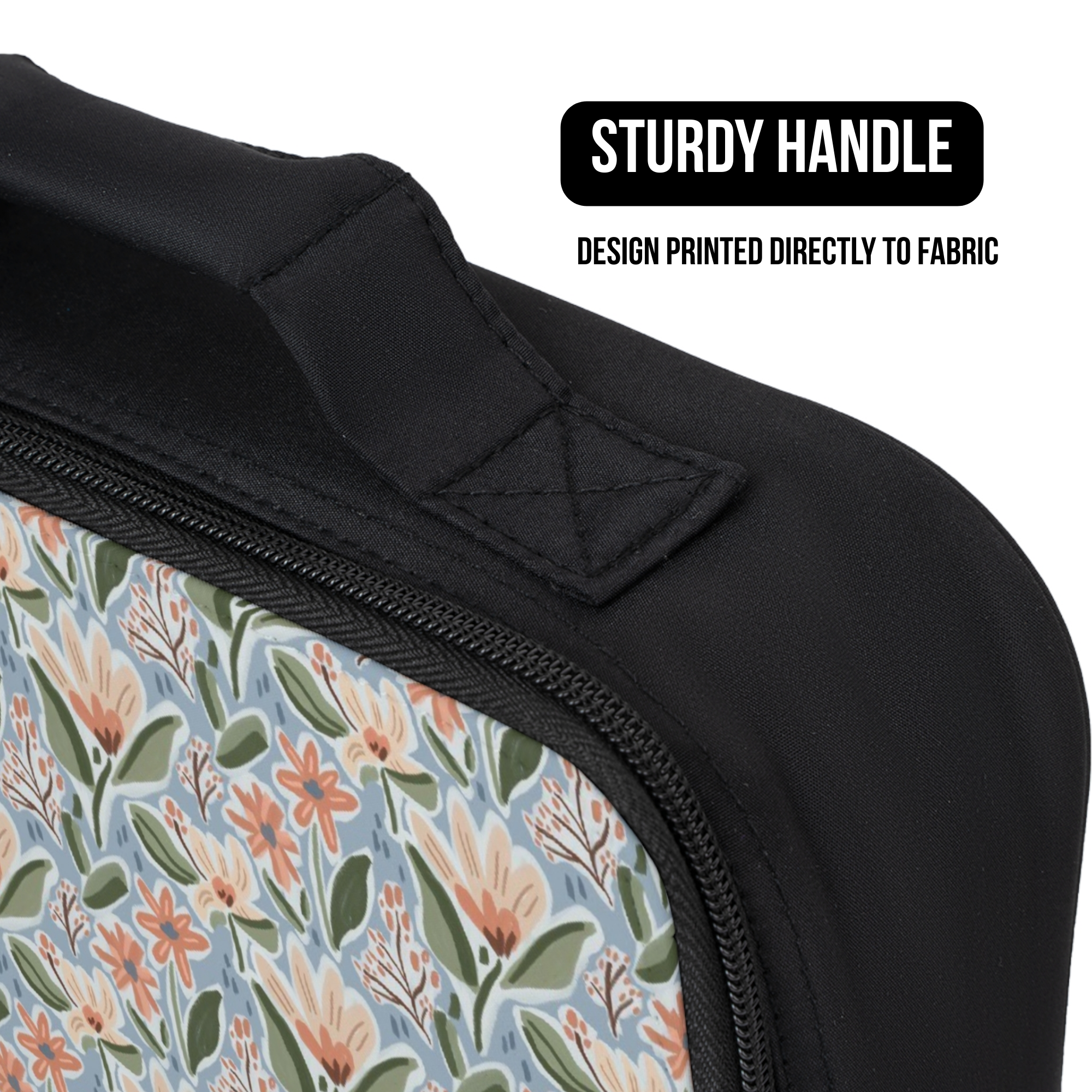 Floral-patterned lunch bag with a black handle and text indicating 'Sturdy Handle' and 'Design Printed Directly to Fabric'.