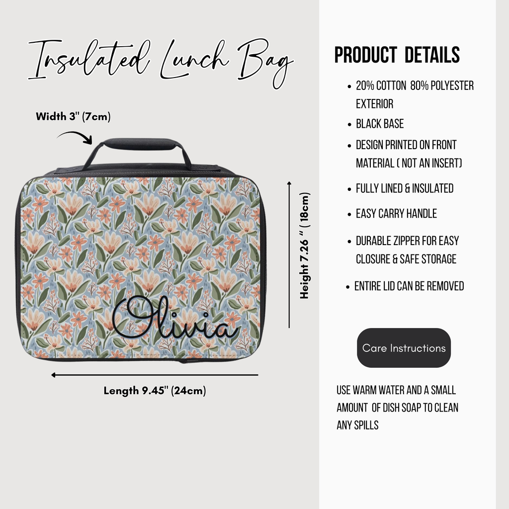 Insulated lunch bag with floral pattern and 'Olivia' custom text, featuring product details on a white background.