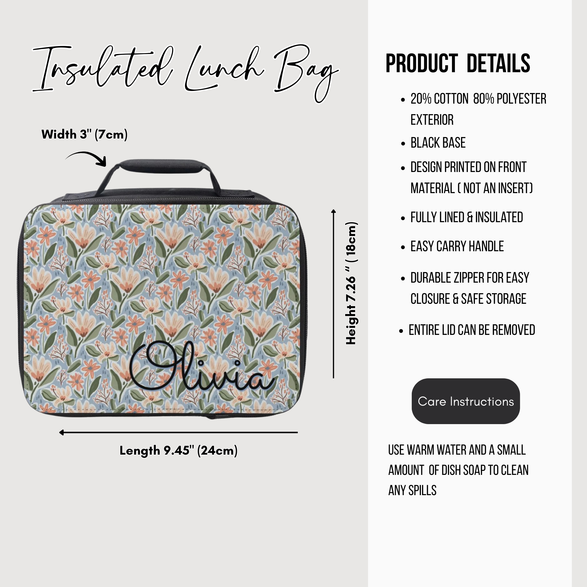 Insulated lunch bag with floral pattern and 'Olivia' custom text, featuring product details on a white background.