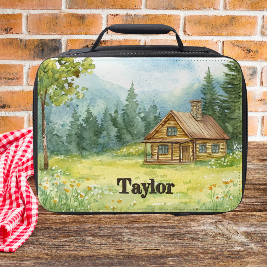 Lunch bag with a cabin design and 'Taylor' text, placed on a wooden picnic table with a brick wall background.
