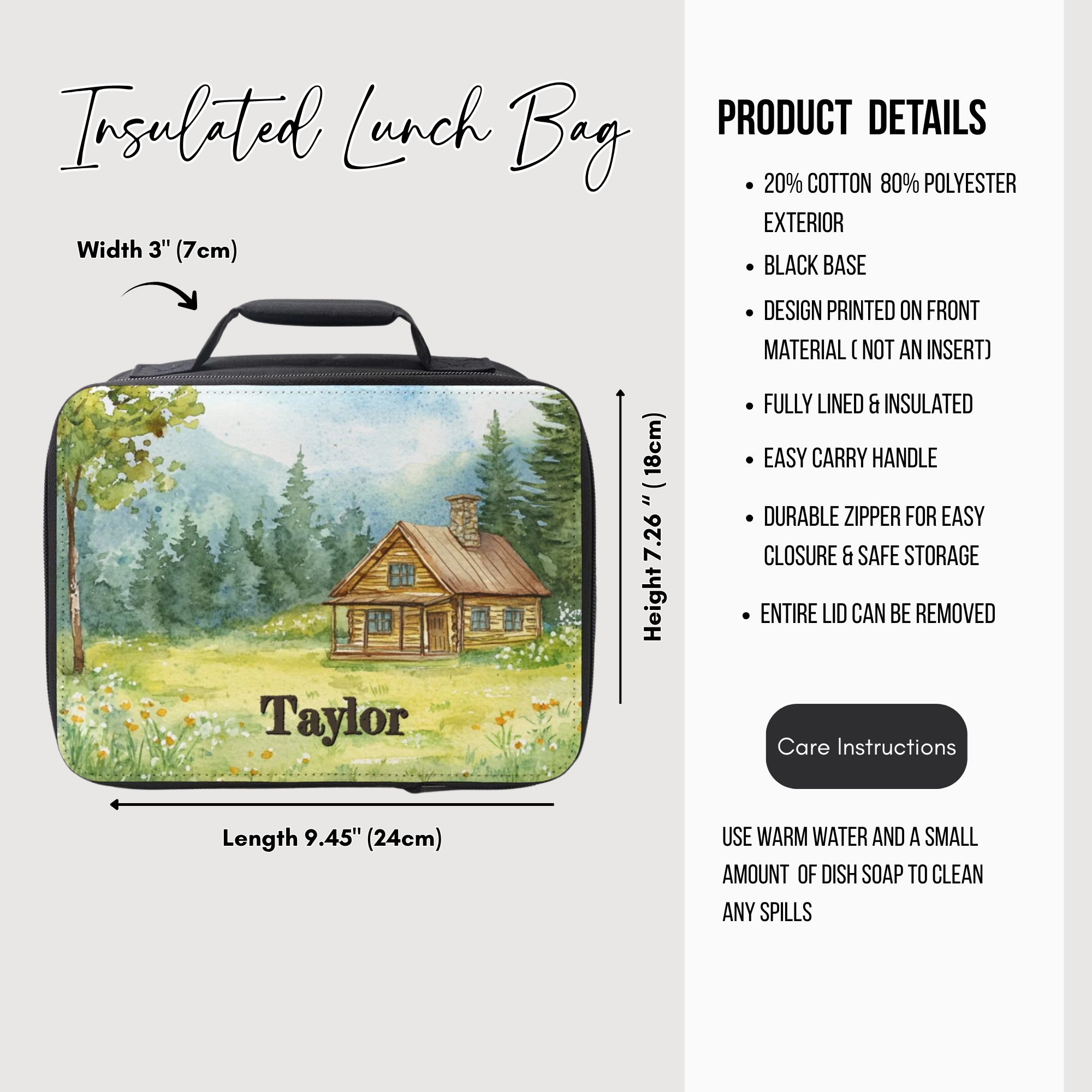 Insulated lunch bag with cabin design and 'Taylor' text, featuring product details on a white background.