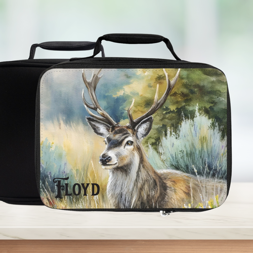 Black rectangular lunch bag with a deer painting design and 'Floyd' personalized text on a blurred nature background