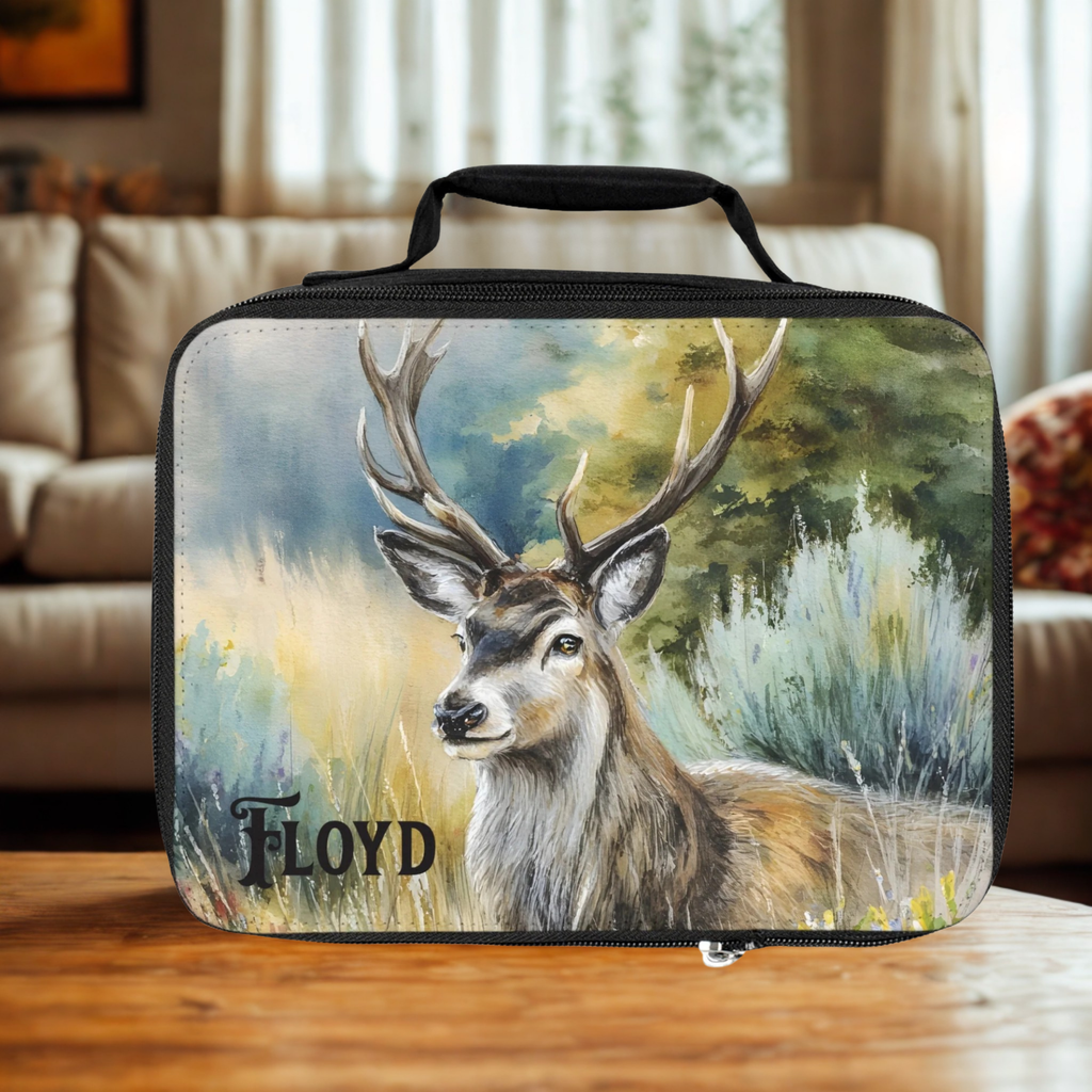  insulated lunch bag with a deer design and 'Floyd' personalized name text on a wooden living room table.