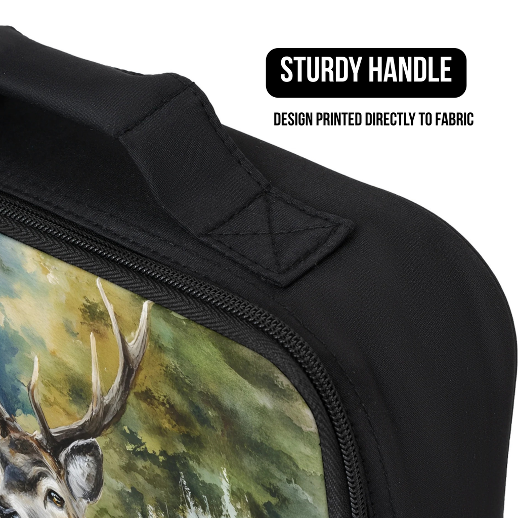 Black bag with a deer design and sturdy handle feature