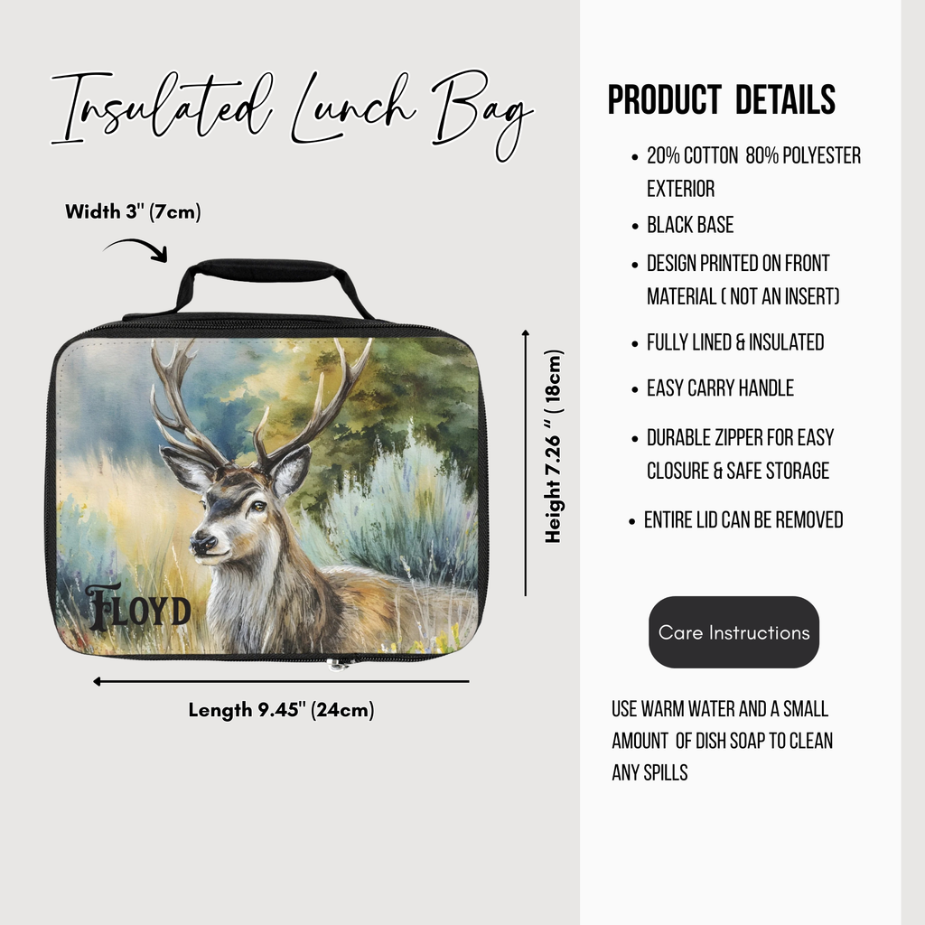 Insulated lunch bag with deer design and product details on a white background