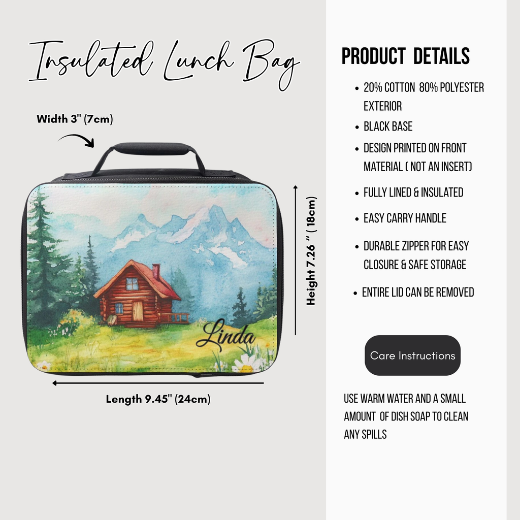 Insulated lunch bag with scenic design and product details on a white background
