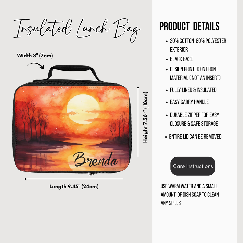 Insulated lunch bag with sunset design and 'Brenda' text, featuring product details on a white background.