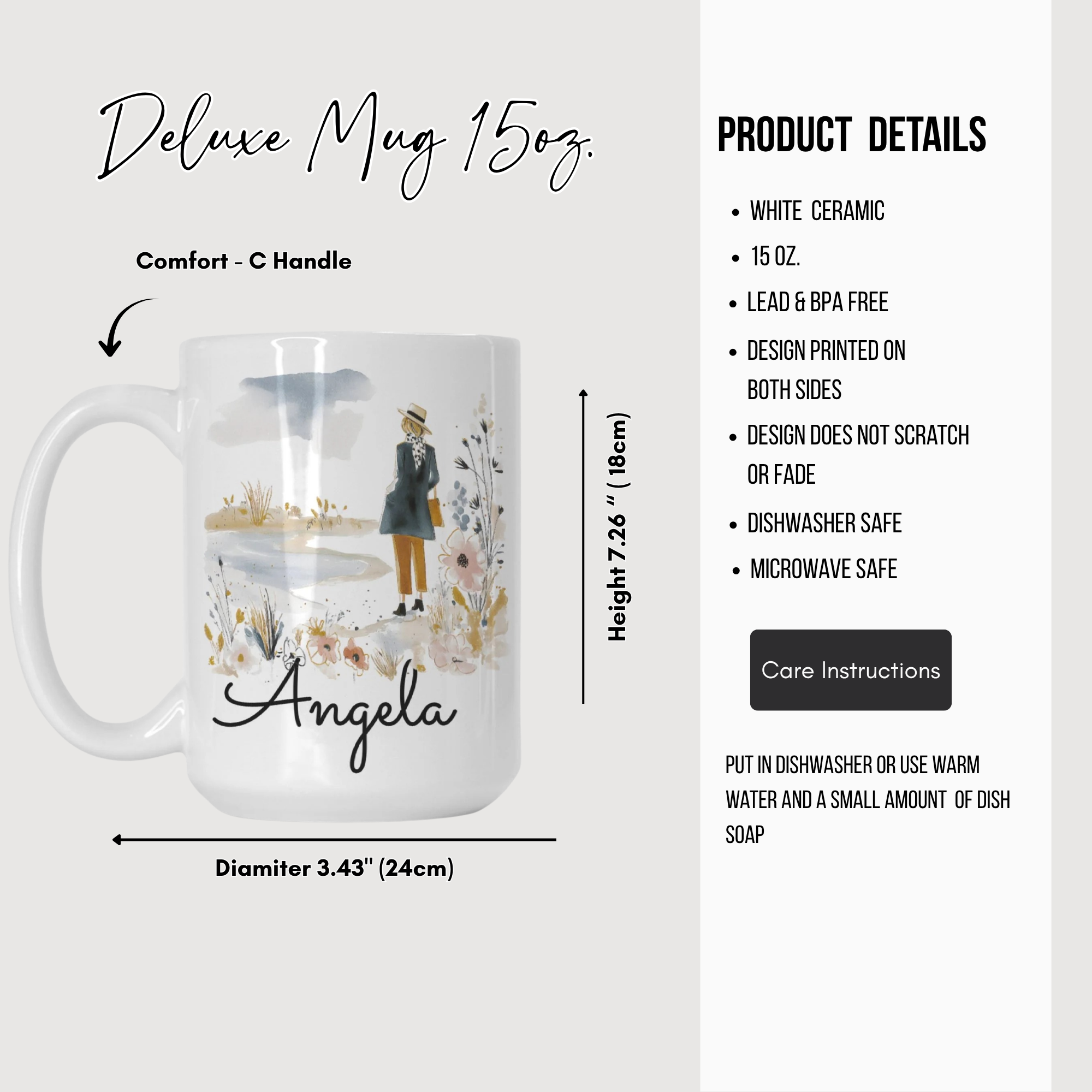 White ceramic mug with a design and name 'Angela', featuring product details on the right.