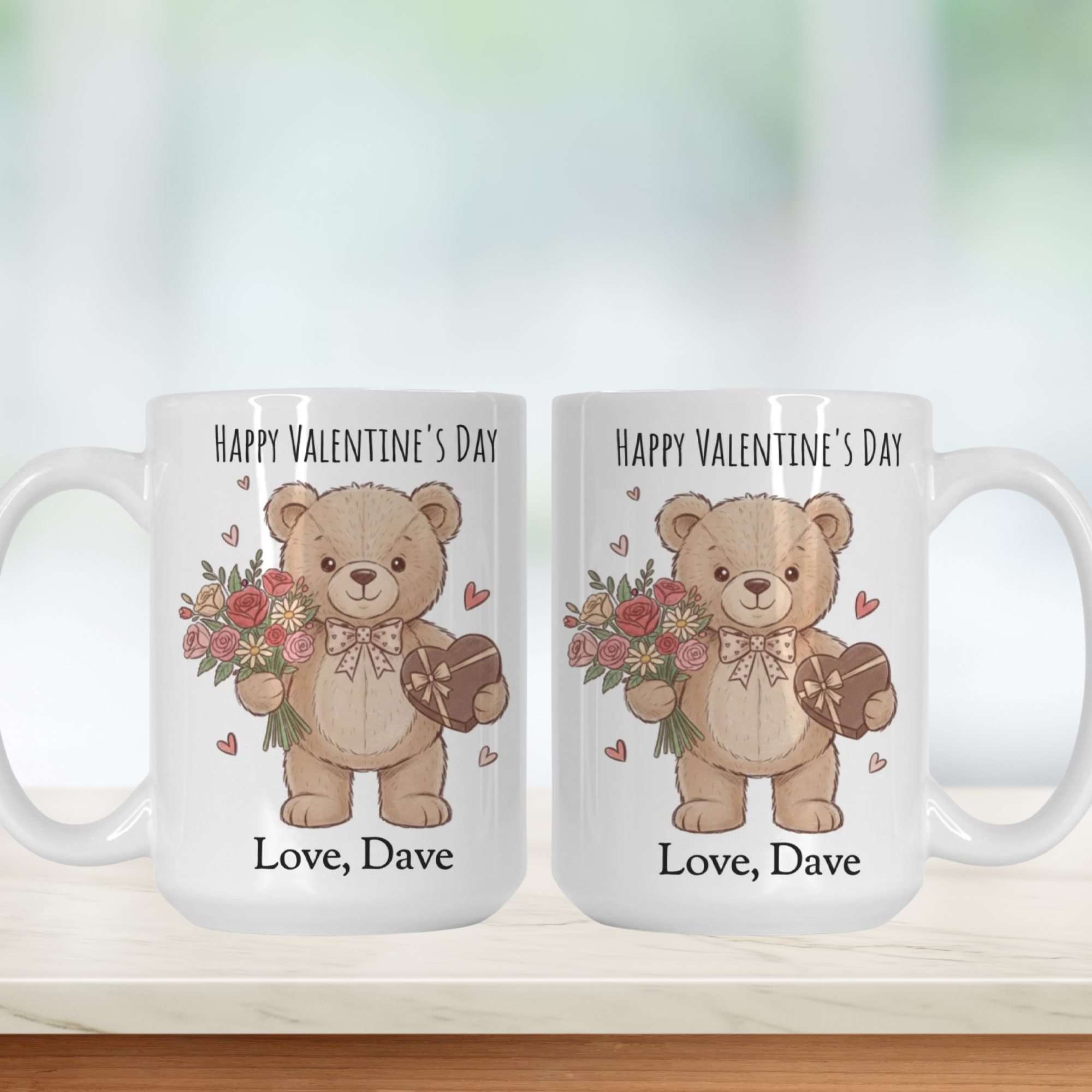 Two Valentine's Day mugs with teddy bears holding flowers and hearts on a white background.