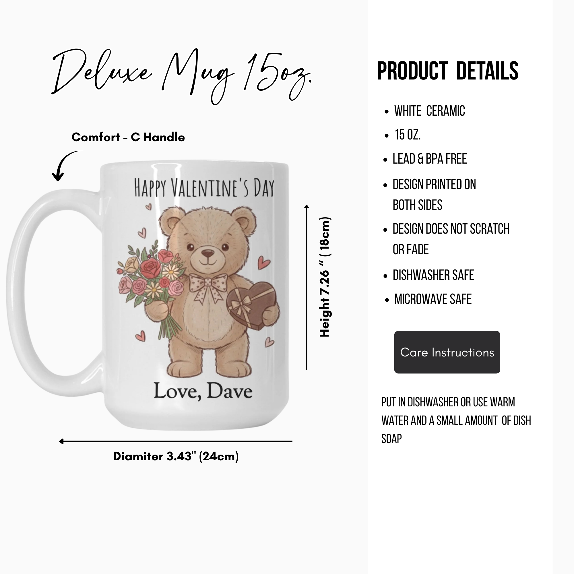 Valentine's Day mug with teddy bear design and product details on a white background
