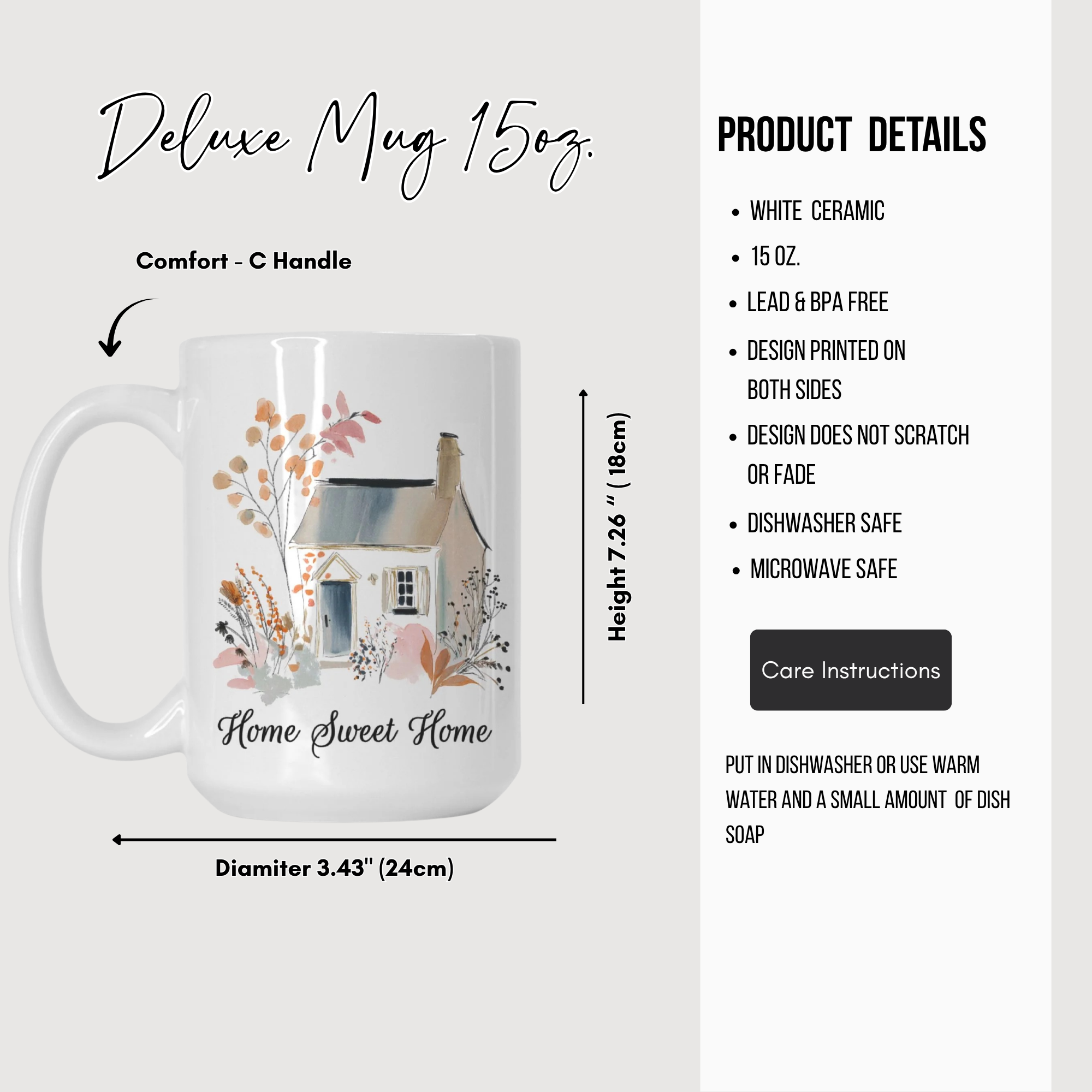 White ceramic mug with 'Home Sweet Home' design and product details on a white background