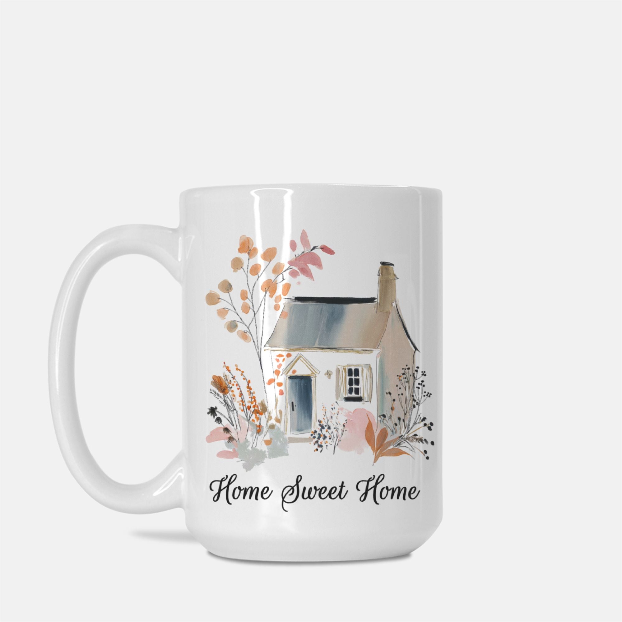 Mug with a house illustration and 'Home Sweet Home' text on a white background