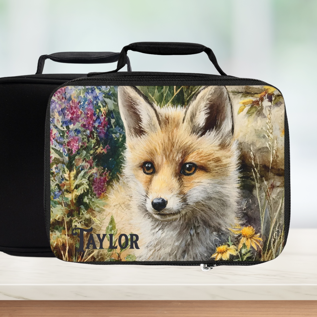 Black lunch bag with a fox design and 'Taylor' text on a white background