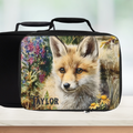 Black lunch bag with a fox design and 'Taylor' text on a white background
