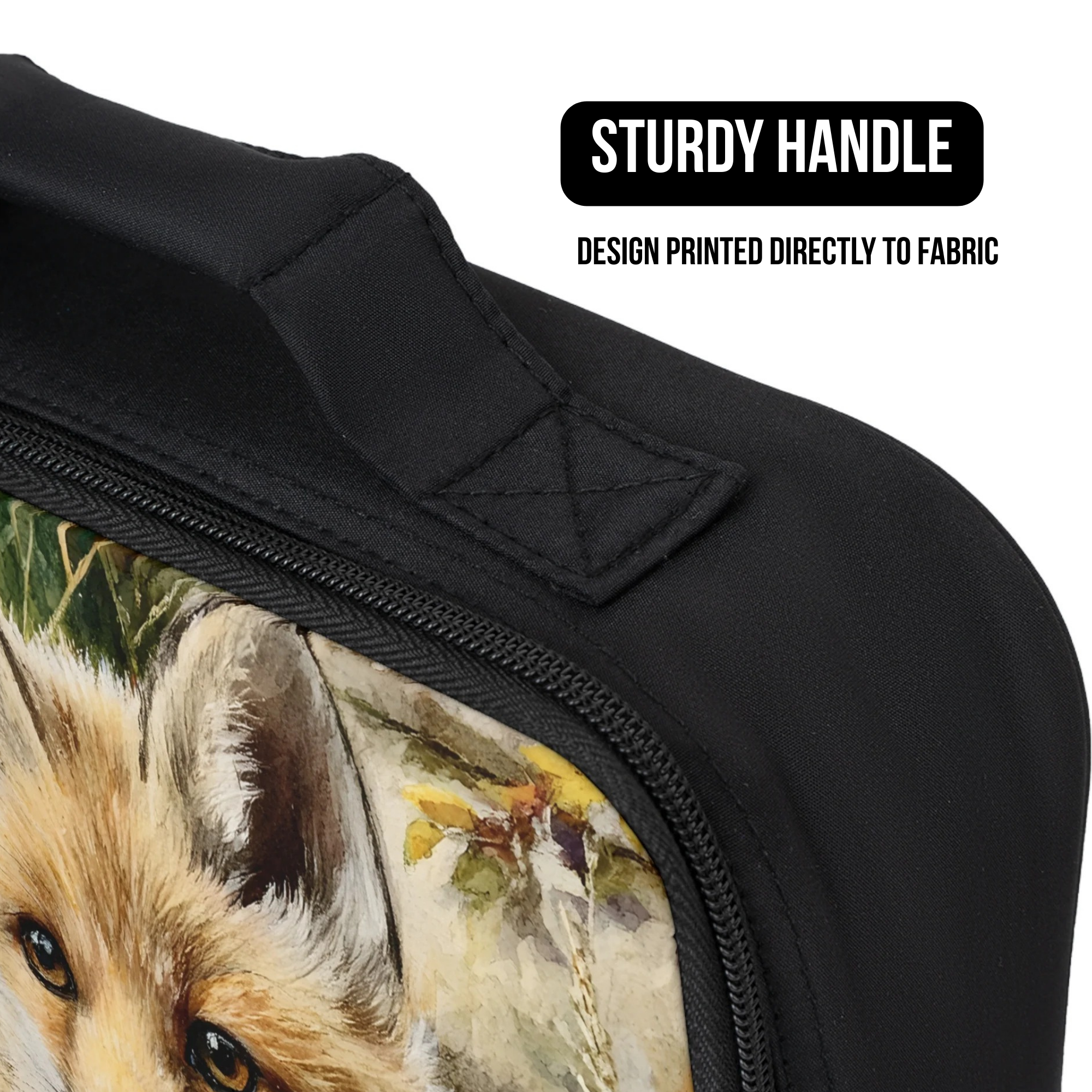 Black bag with a fox design and sturdy handle on a white background