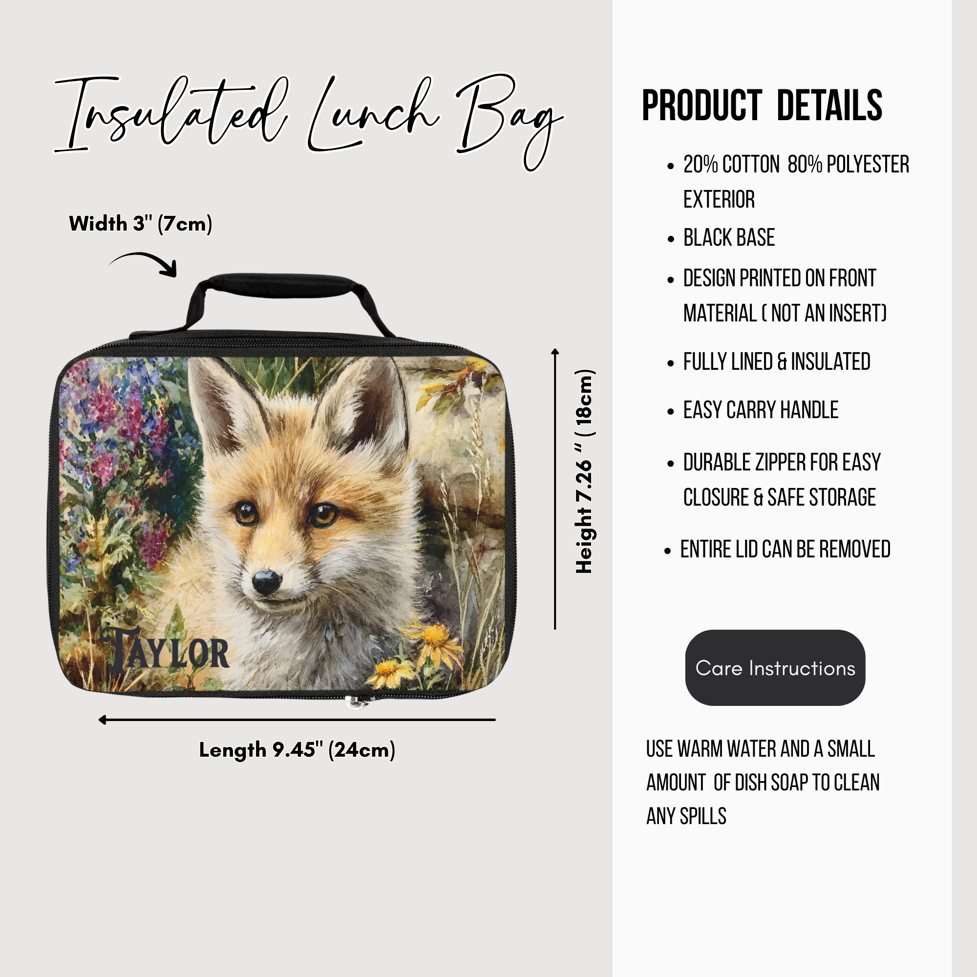 Insulated lunch bag with a fox design and product details on a white background