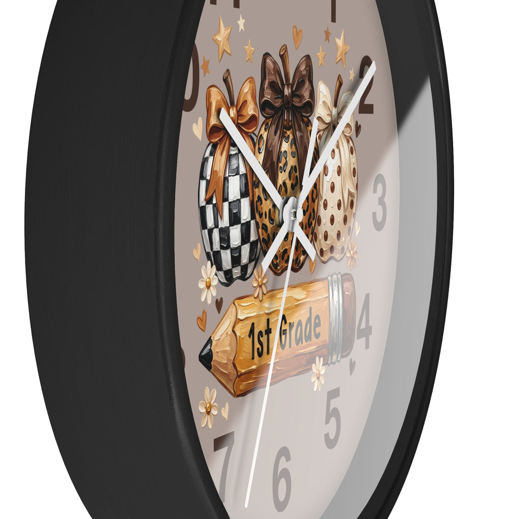 Wall clock with decorative design featuring checkered, leopard, and polka dot patterns on a gray background.
