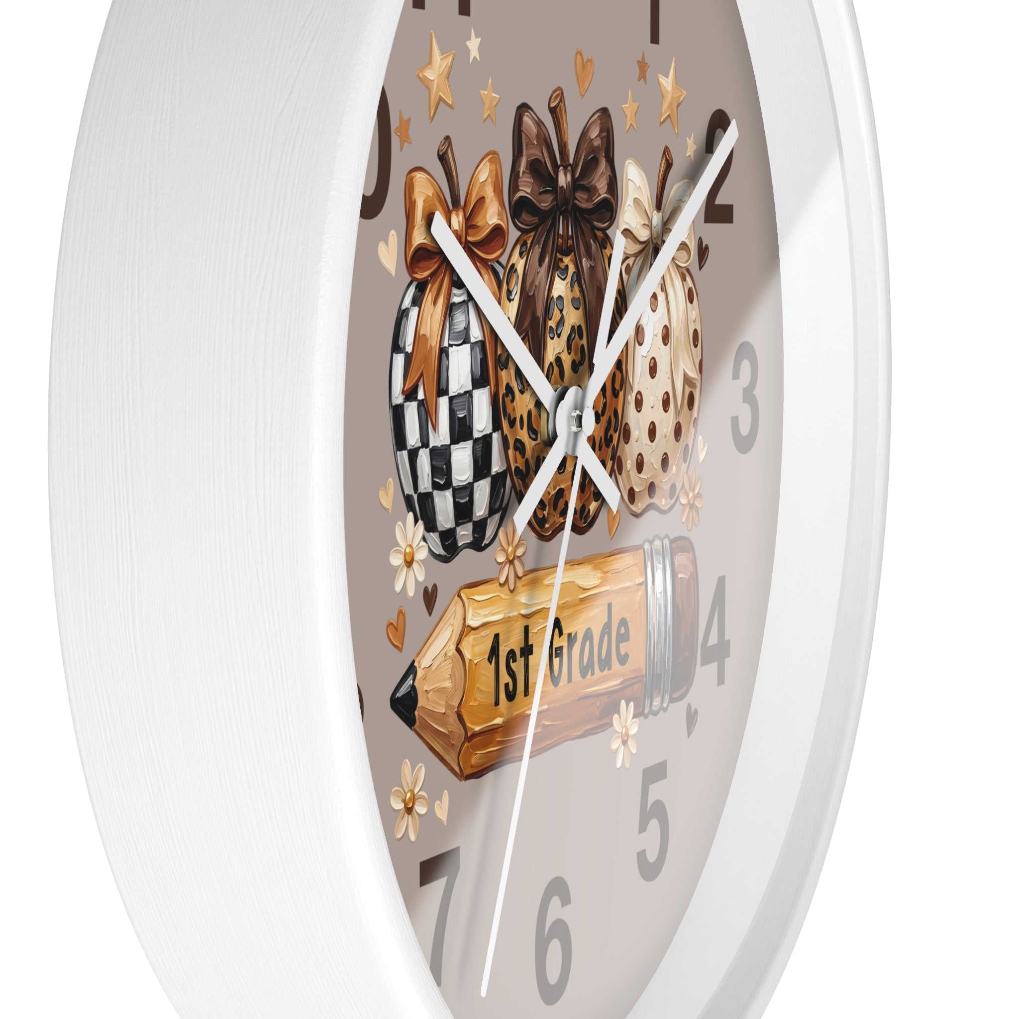 Side of decorative clock with animal print elements and '1st Grade' text on a white background