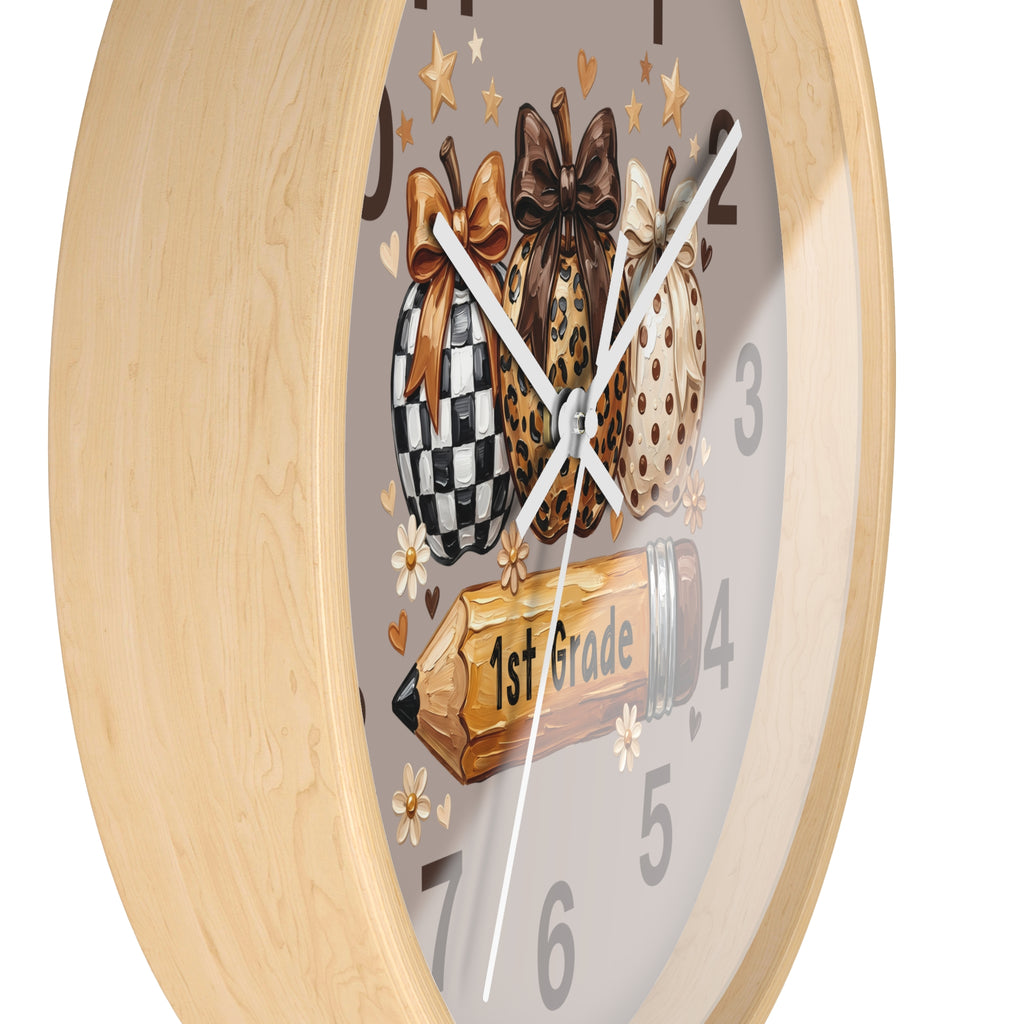 Decorative wall clock with checkered, leopard print, and polka dot bows on a gray background.
