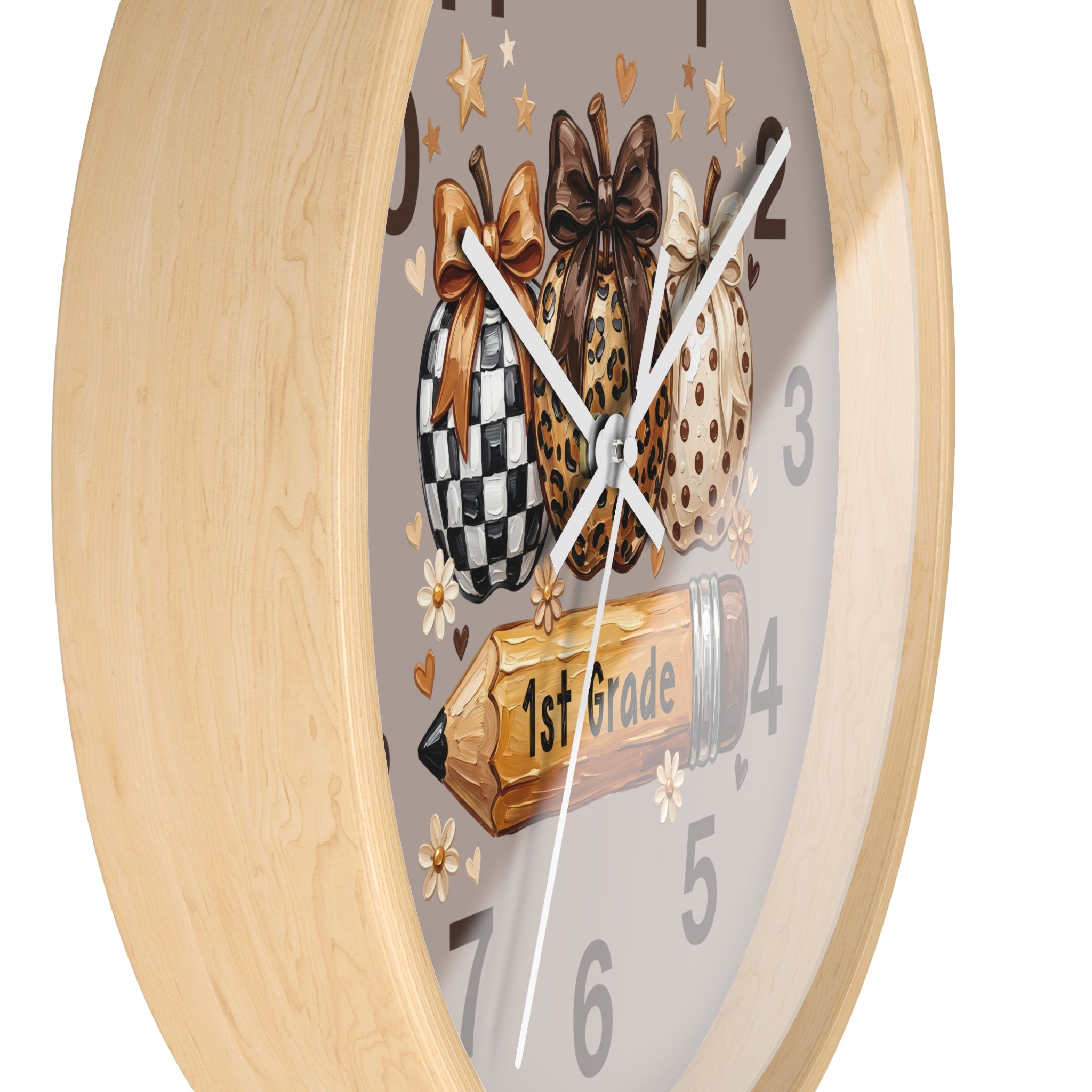 Decorative wall clock with checkered, leopard print, and polka dot bows on a gray background.