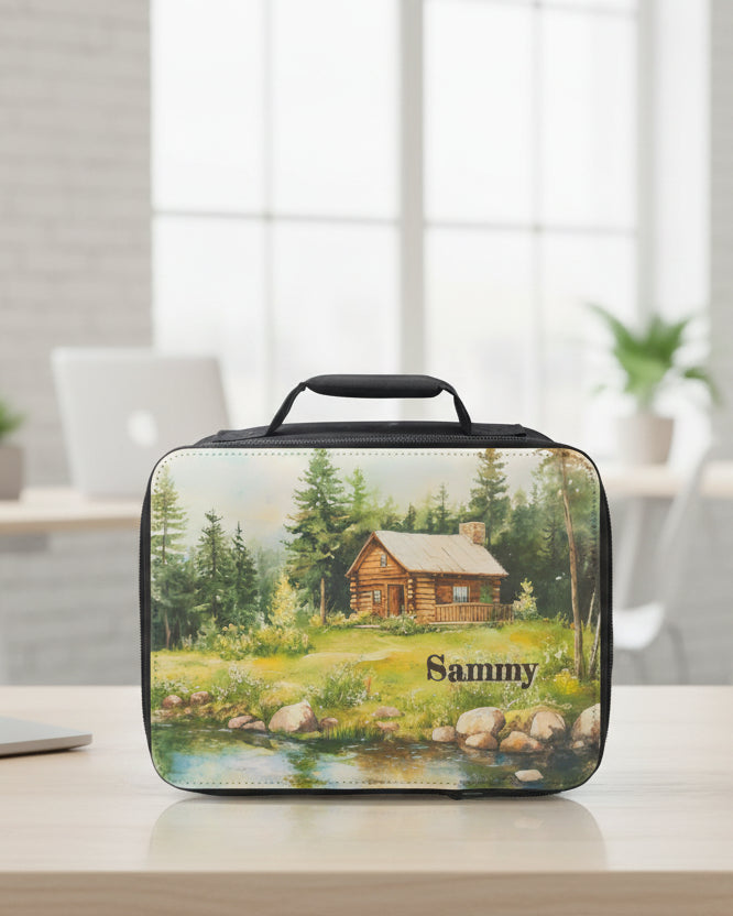  insulated lunch bag with a scenic design of a cabin and trees, with a customized with a name 'Sammy'.