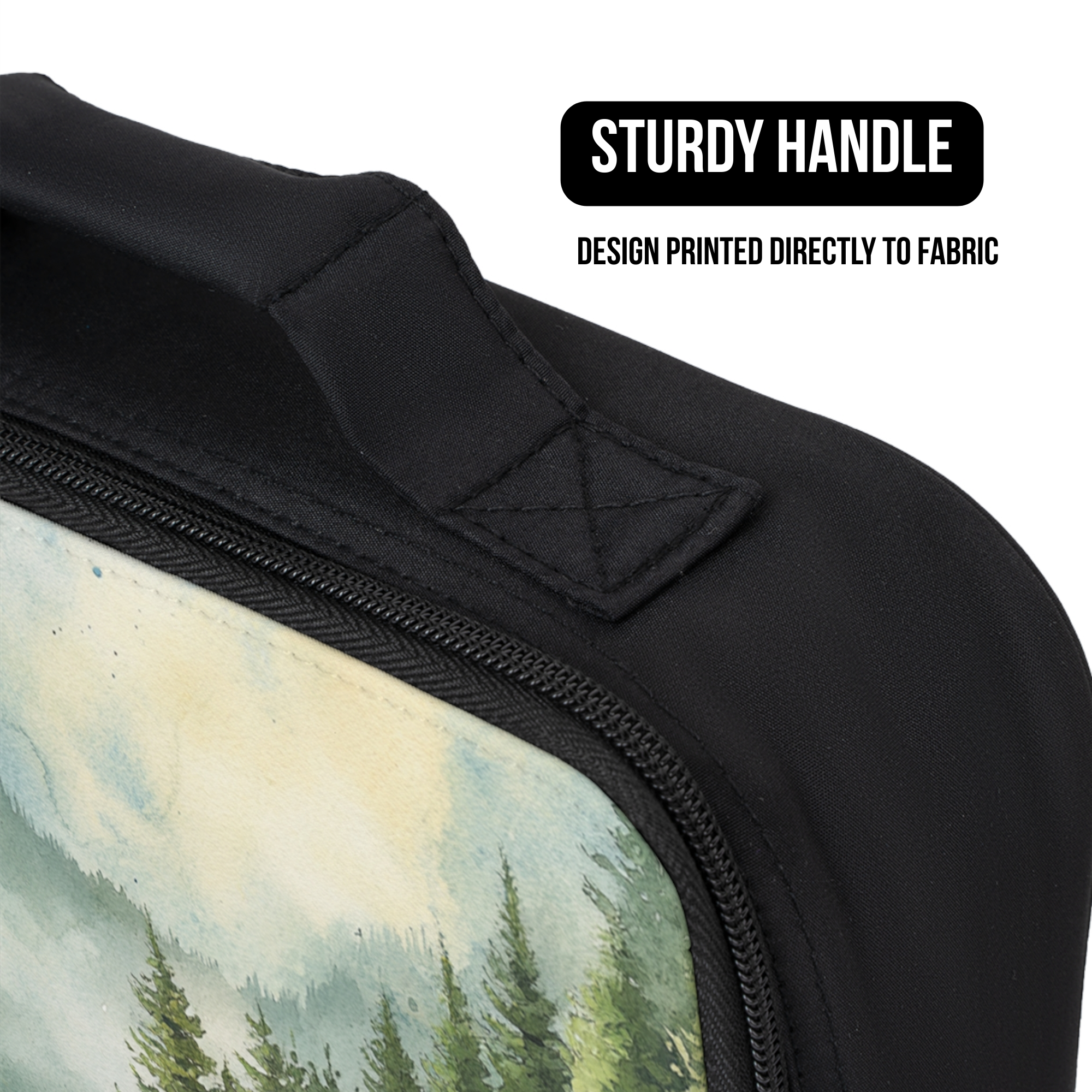 Black lunch bag with a scenic design printed directly to fabric, featuring a sturdy handle.
