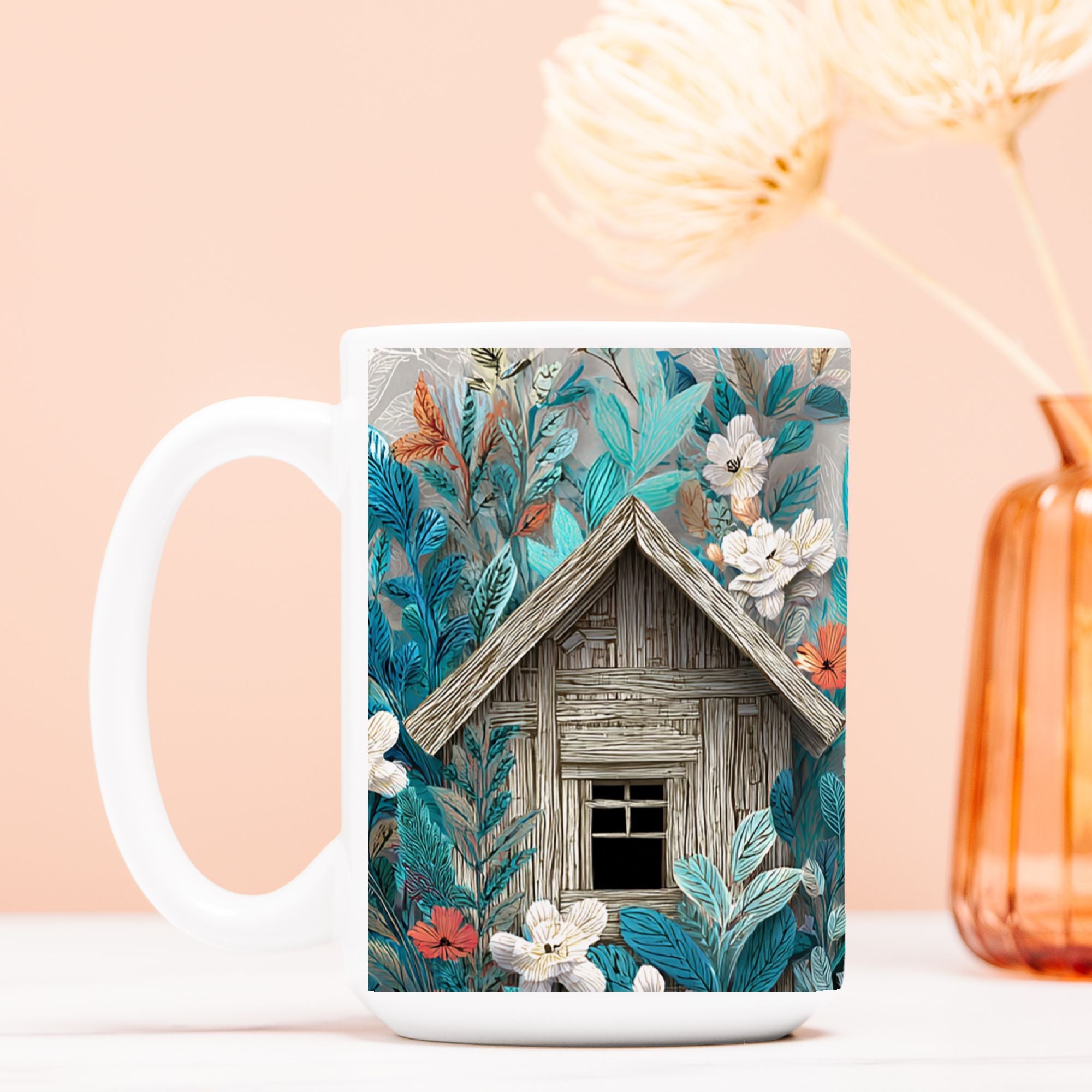 Mug with a wooden bird house design surrounded by flowers on a peach background