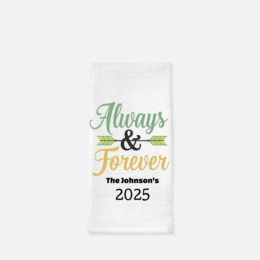 White tea towel with 'Always & Forever The Johnson's 2025' text on a white background