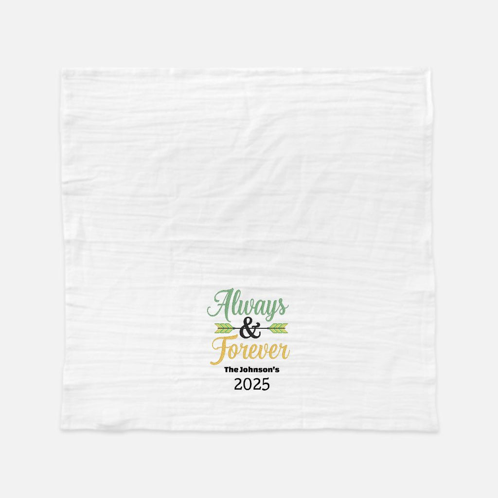 White blanket with 'Always & Forever' text and personalized name and year on a white background