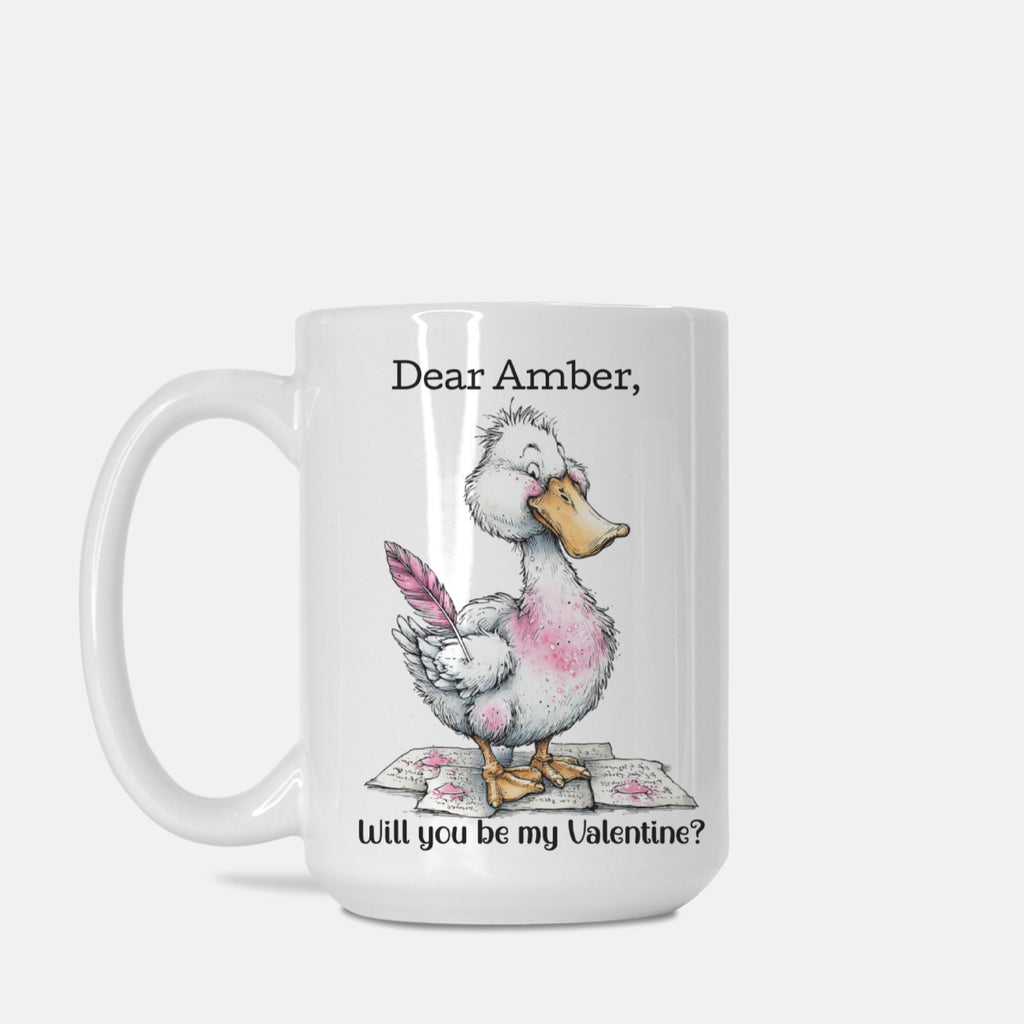 Mug with a cartoon goose and romantic message on a white background