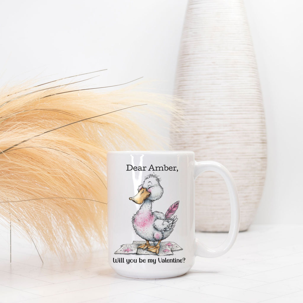 Mug with a cartoon goose and romantic text on a white surface with decorative elements