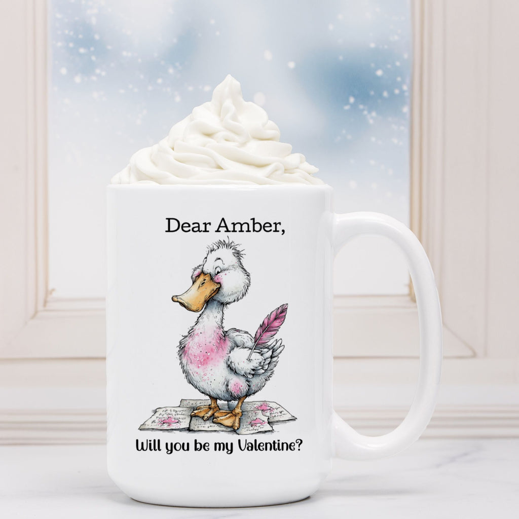 White mug with a cartoon goose and Valentine's Day message on a snowy background