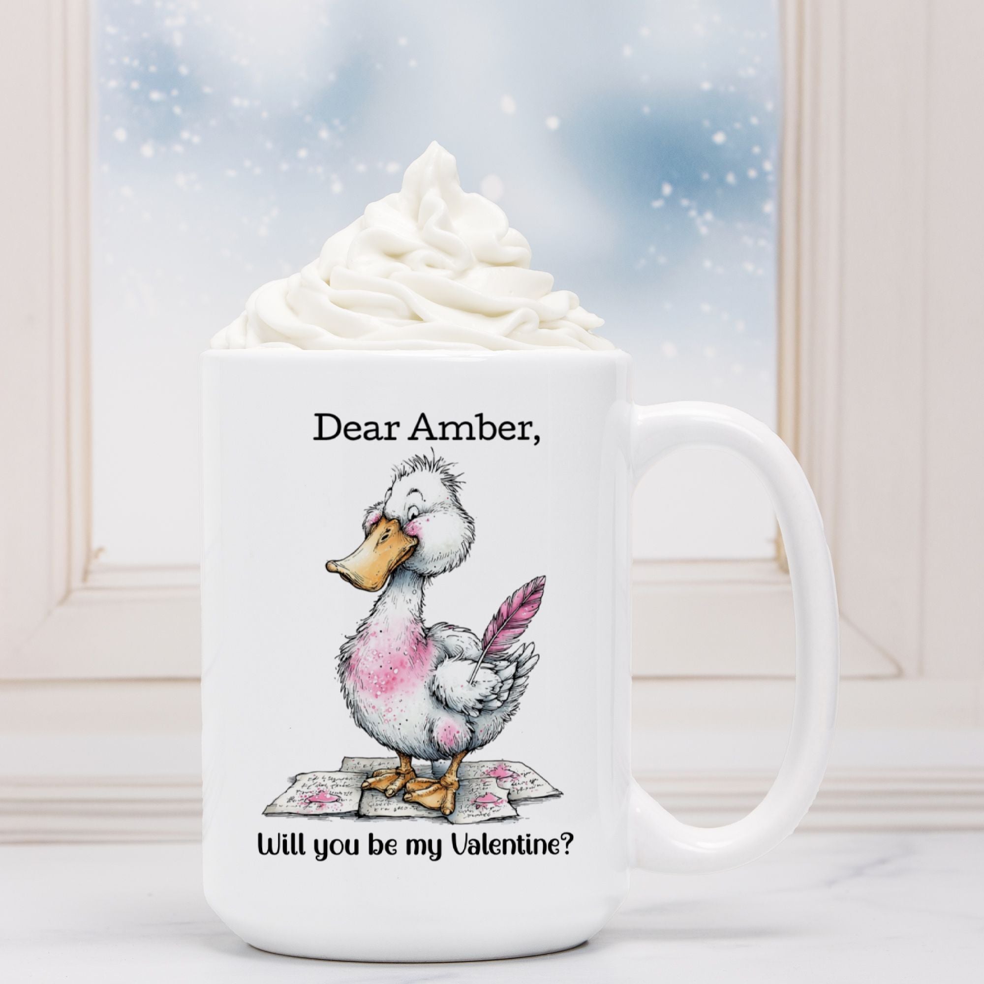 White mug with a cartoon goose and Valentine's Day message on a snowy background