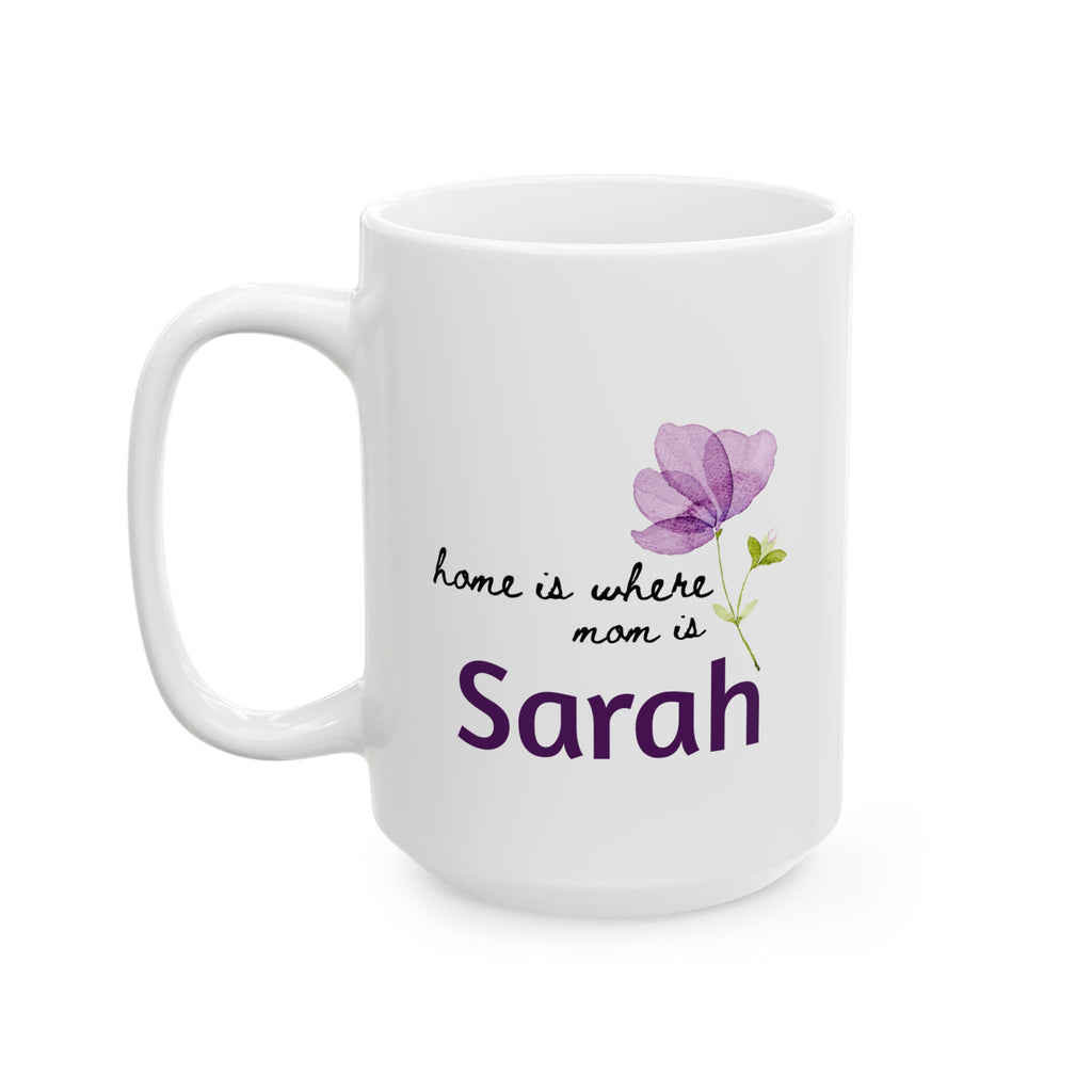 White 15oz mug with a purple flower design and text 'Home Is Where Mom Is' on a white background