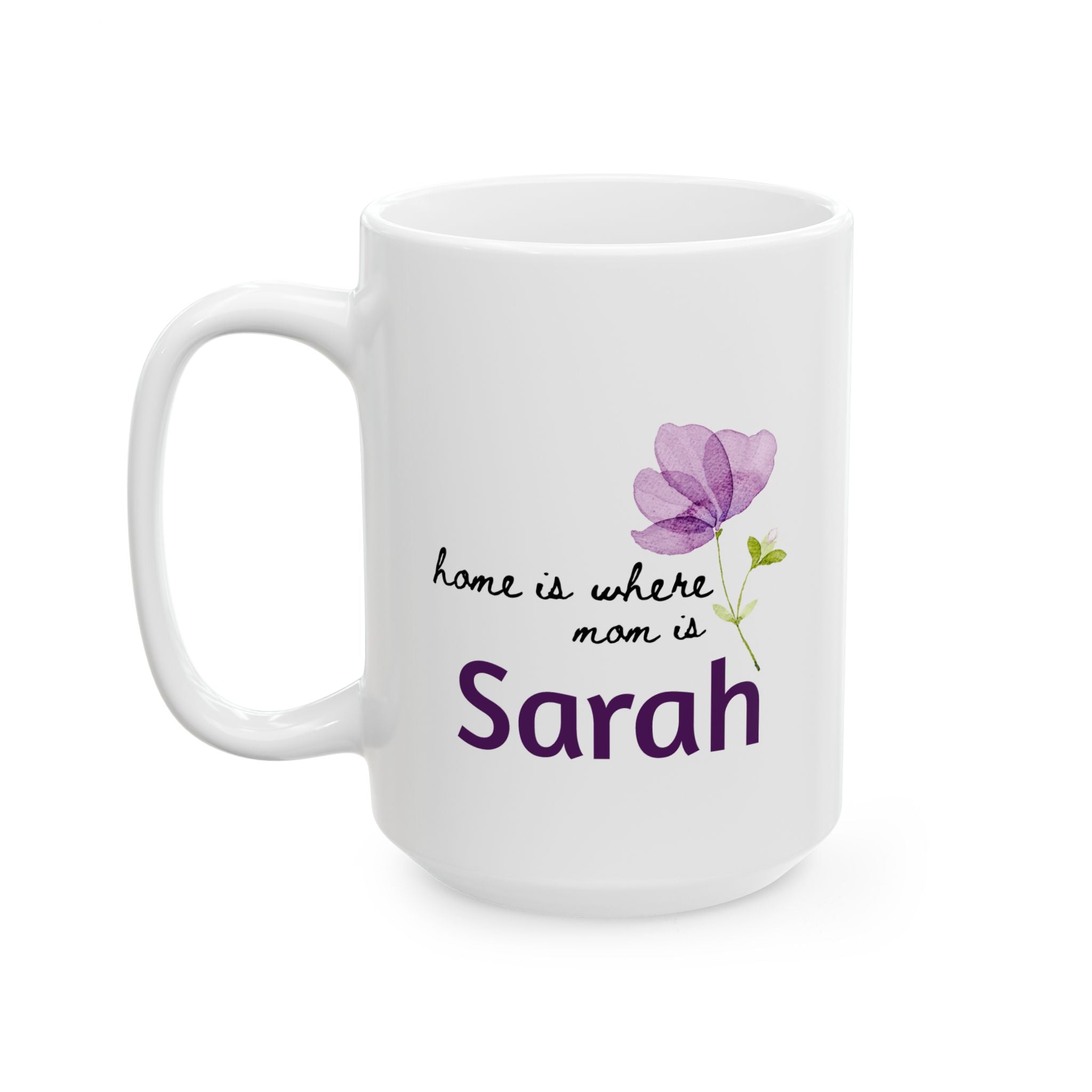 White 15oz mug with a purple flower design and text 'Home Is Where Mom Is' on a white background
