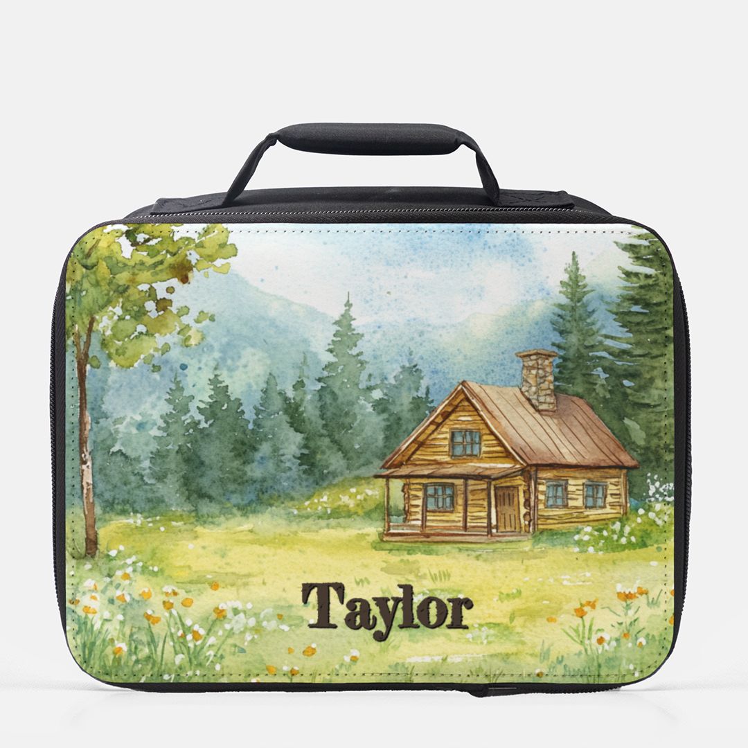  insulated lunch bag with a cabin design and personalized name on a white background.