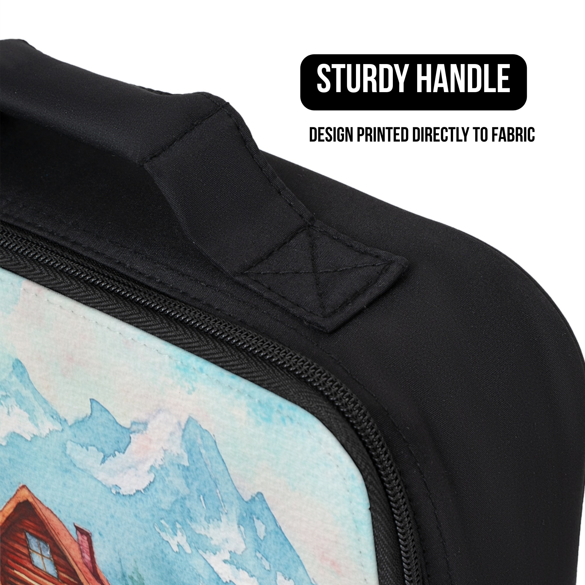 Black lunch bag with a sturdy handle and design printed directly to fabric, featuring a house and mountain landscape.
