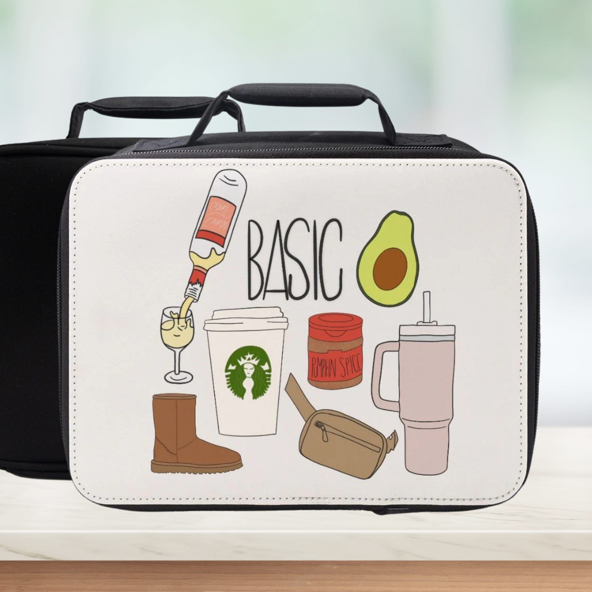  insulated lunch bag with illustrations and text on a white background