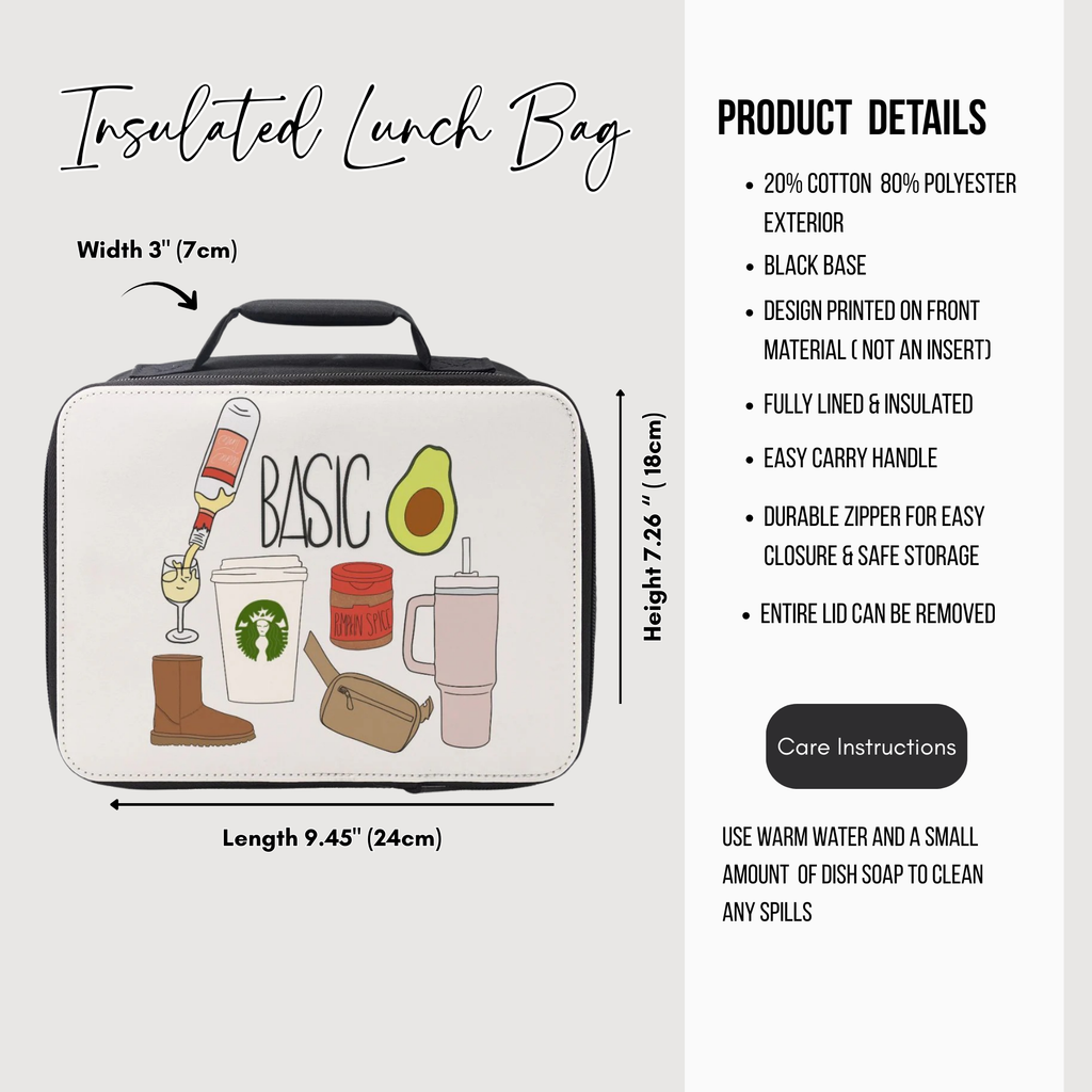Insulated lunch bag with product details on a white background