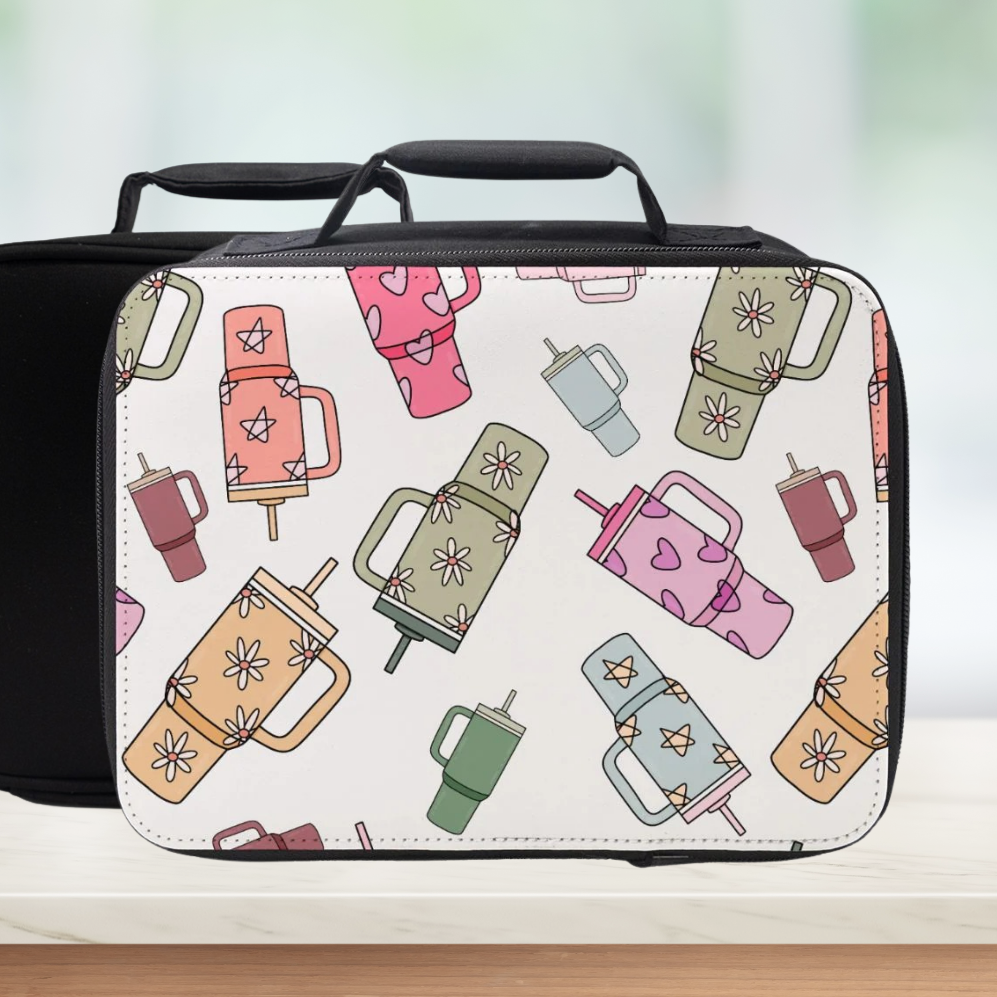  insulated lunch bag with colorful thermos pattern on a white background