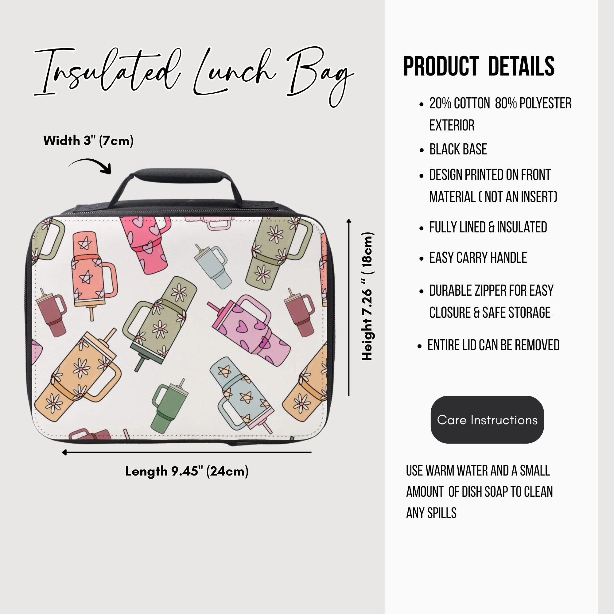 Insulated lunch bag with product details on a white background