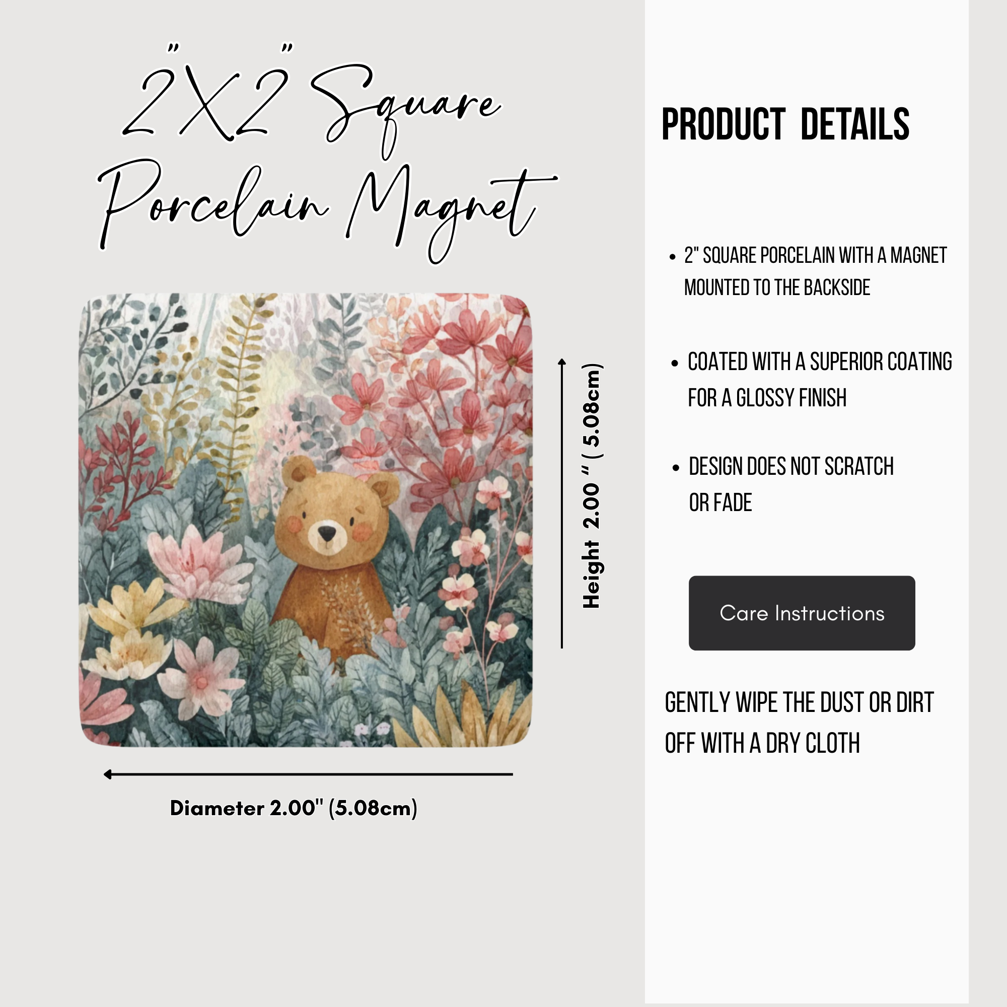 2x2 square porcelain magnet with bear and floral design, product details on the right.