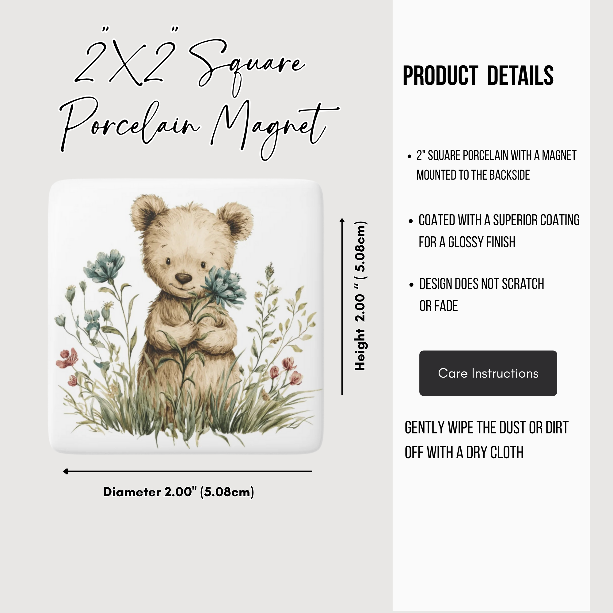 2x2 square porcelain magnet with bear design and product details on a white background