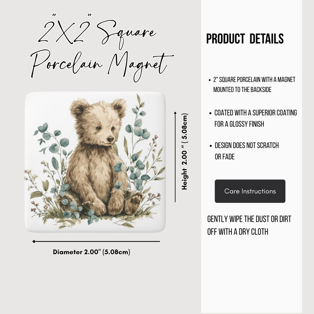Square porcelain magnet with a bear illustration and product details on a white background