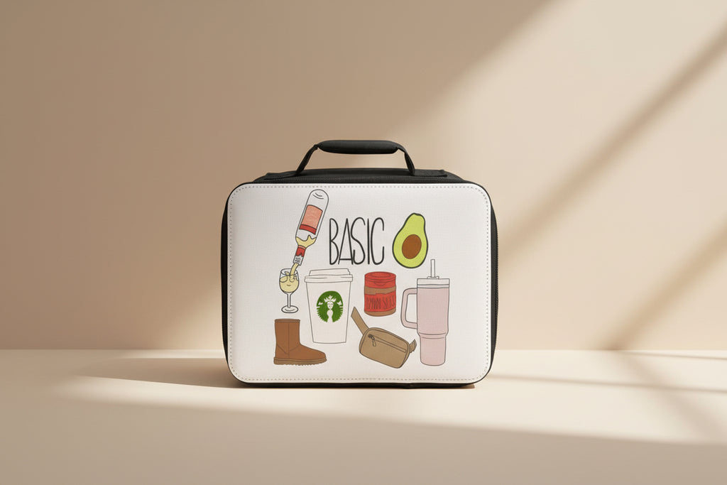  insulated lunch bag with illustrations and text on a white background