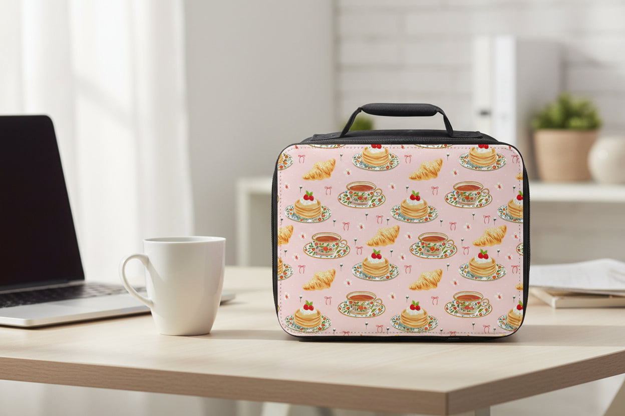  insulated lunch bag with breakfast pattern on a white background