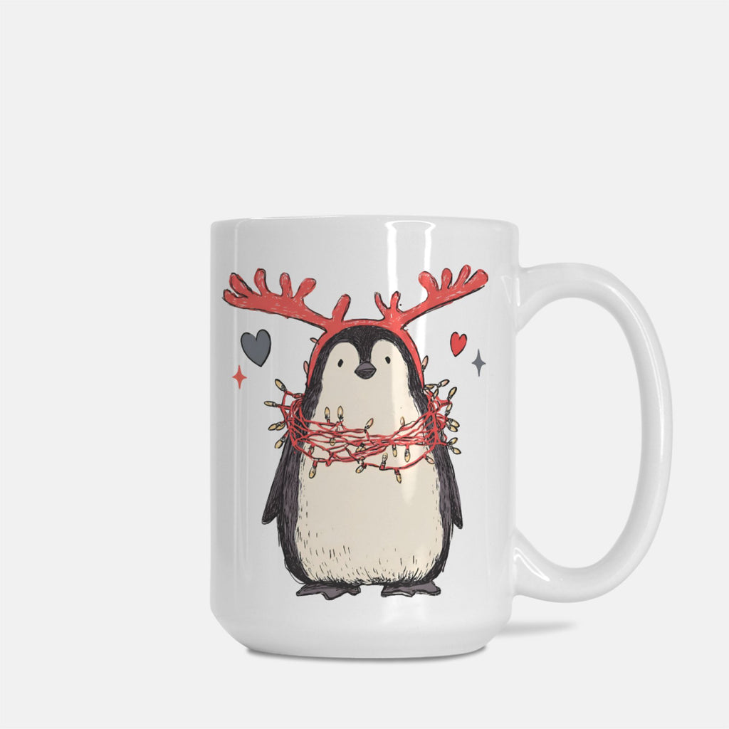 White mug with a penguin wearing reindeer antlers and lights design on a white background