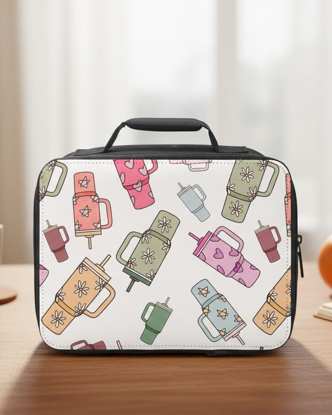  insulated lunch bag with colorful drink pattern on a white background